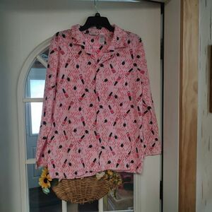 New Mayfair Pink With Nail Polish Fleece Pajama Set Size Women's L